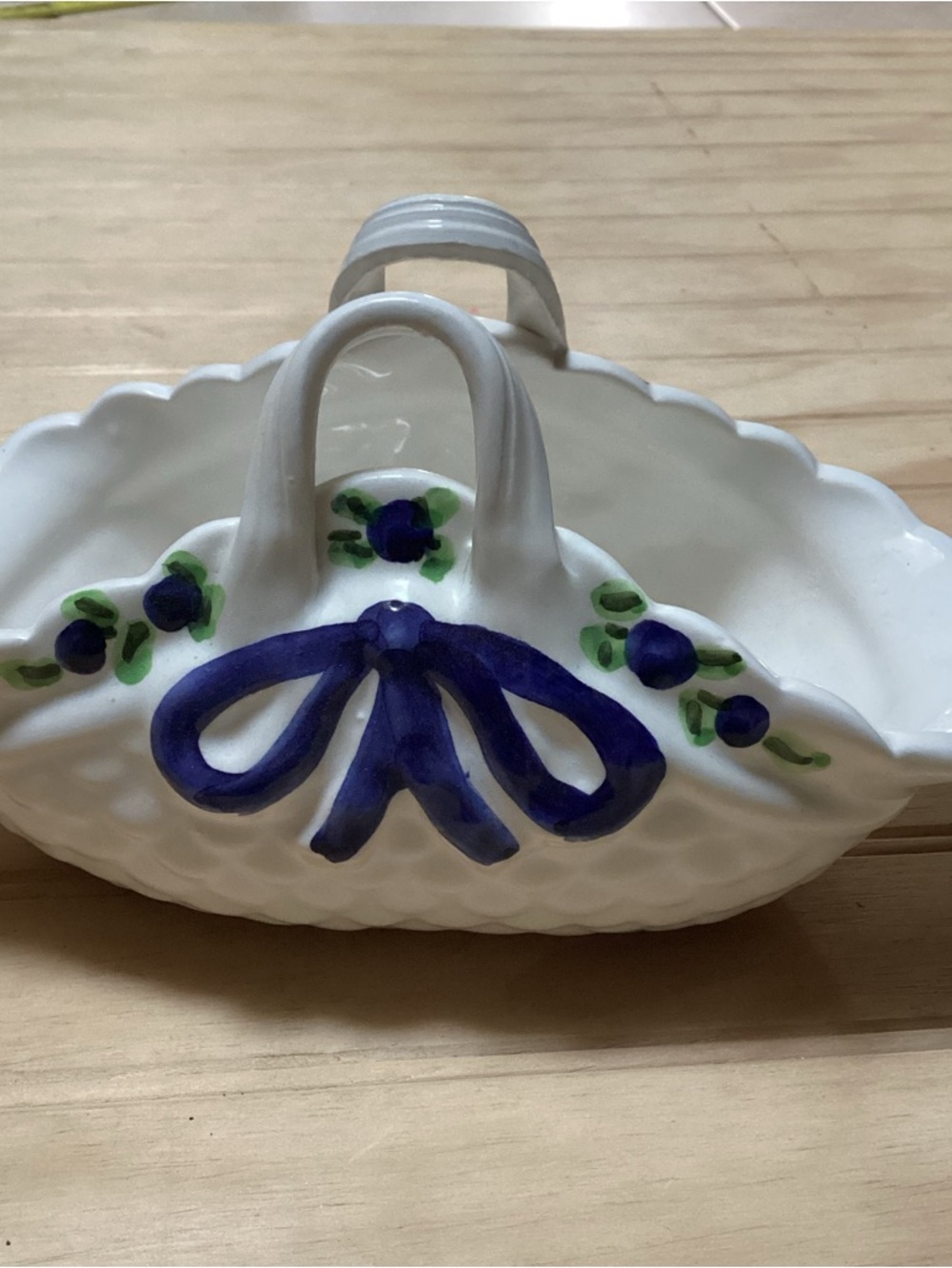 Vintage Hand-Painted White Ceramic Basket with Blue Bow and Floral Accents